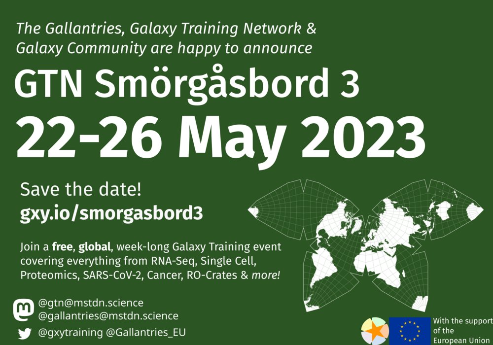 AB3C_oficial's tweet photo. The @gallantries_eu are happy to announce: GTN Smorgasbord 3, a free galaxy training event, online. Covering SARS-CoV-2, RNA-Seq, Single Cell, Proteomics, Machine Learning, Annotation, Climate, Ecology, Cancer, RO-Crates, and more!
Get more info at https://t.co/YGxwrfiSdE https://t.co/h4uSnYSEqM