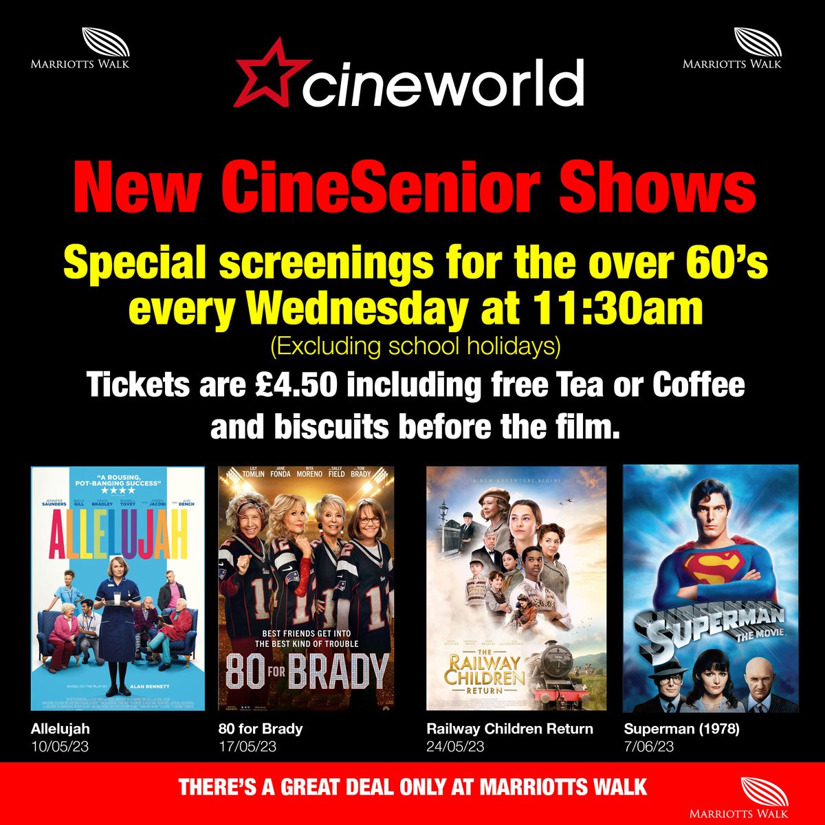 From Wednesday Cineworld in Witney will be offering special screenings for the over 60's, with new CineSenior shows!

Visit our website for more details: marriottswalk.co.uk/cineworld/
#cinema #marriottswalk #witney #cineworld #over60s #specialscreenings