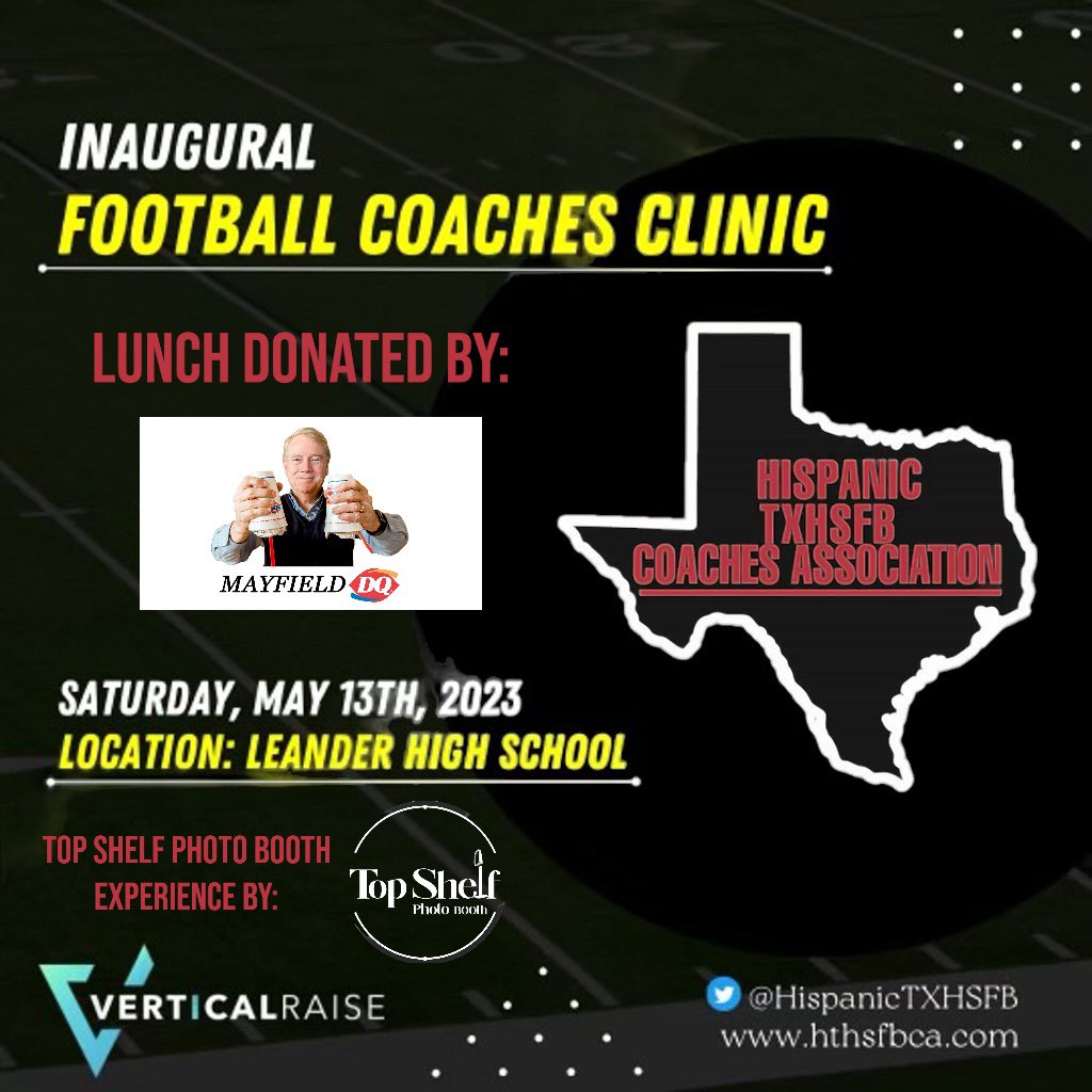 BIG things happening THIS Saturday at Leander High School. Mayfield DQ (1431 location) is donating lunches and ATXTopShelfPhotoBooth will be there to capture moments! 
#txhsfb #coach #VerticalRaise #coachesclinic #footballcoach #footballclinic #Leandertx #highschool  #conference