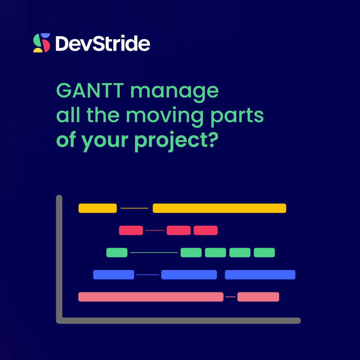 Visualize project timelines, dependencies, and workloads with ease using DevStride's Gantt chart technology. 

Make better decisions, allocate resources, manage risks, and prioritize tasks in real-time. Accomplish objectives and keep stakeholders informed. 

#projectmanagement
