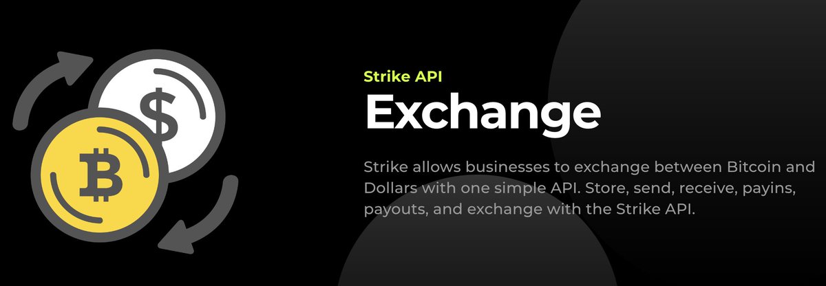 Strike's tweet image. 🚨 New API Feature: Exchange 🚨

with the Strike API, businesses now can now exchange between BTC and USD

you can now store, send, receive, payin, payout, and exchange both #bitcoin and dollars with the Strike API

anything #Bitcoin and Lightning, we can help