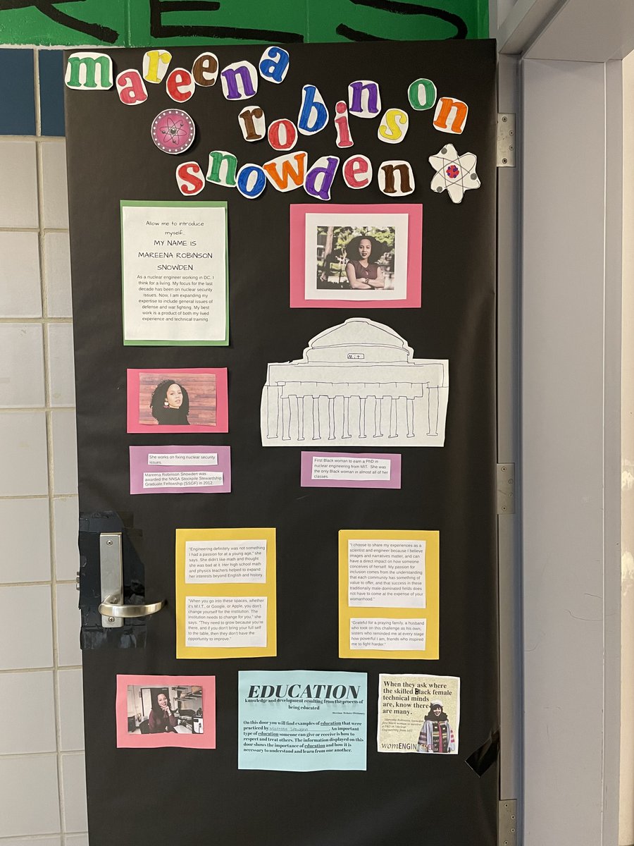 Hello Dr. Robinson Snowden <a href="/mrobinsnow/">Mareena Robinson Snowden, PhD</a>. I am an 8th grade teacher at Blake Middle School. Each advisory (homeroom) in my school chose a "change maker" to celebrate on our classroom doors. My advisory chose you; attached is the pic. Thought you would get a kick out of it :) #bmsed