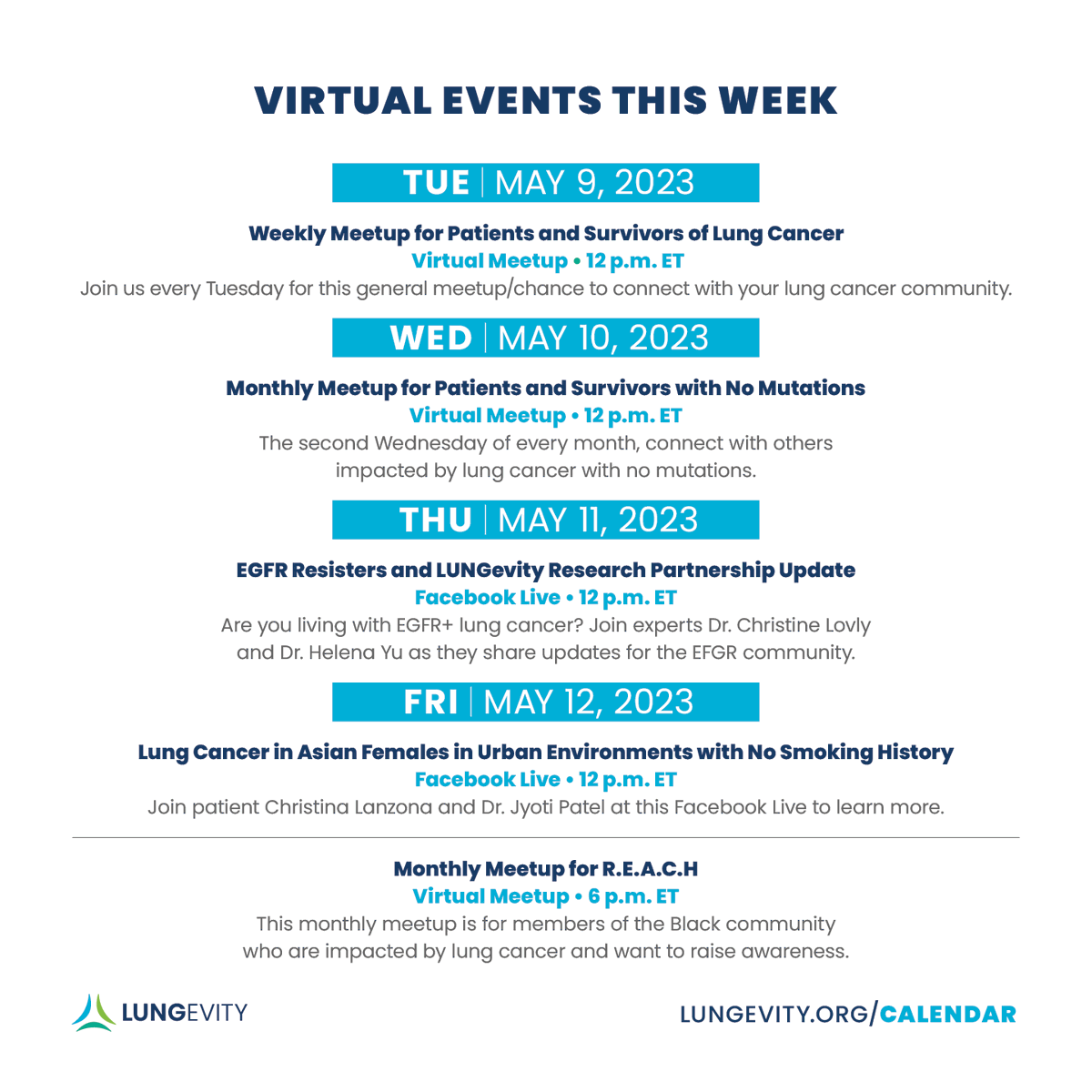 We might still be recovering from a fantastic HOPE Summit weekend, but our virtual events schedule is nonstop this week! Sign up for free at lungevity.org/calendar #lcsm #lungcancer #Livingwithlungcancer