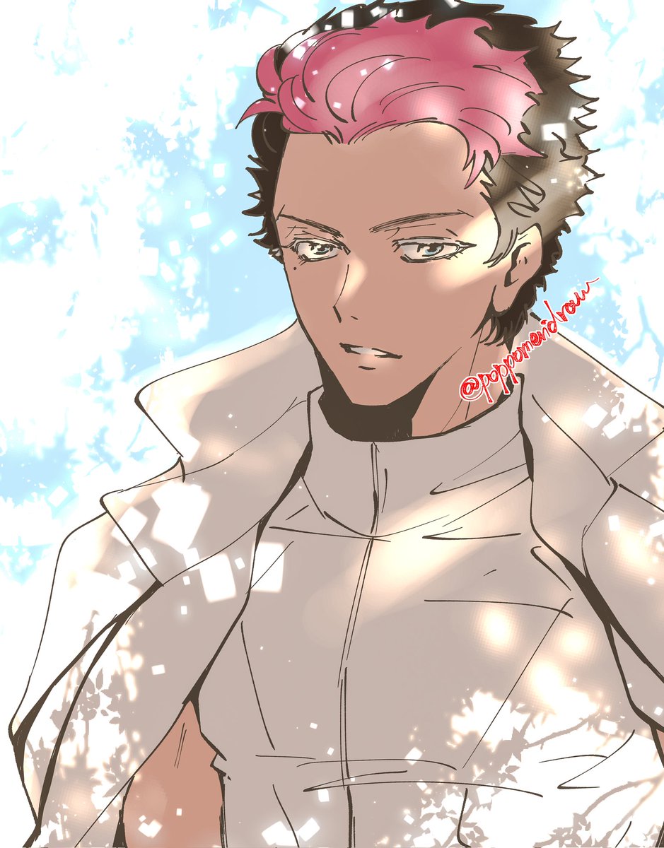 1boy male focus solo jacket on shoulders pink hair jacket mole under eye  illustration images