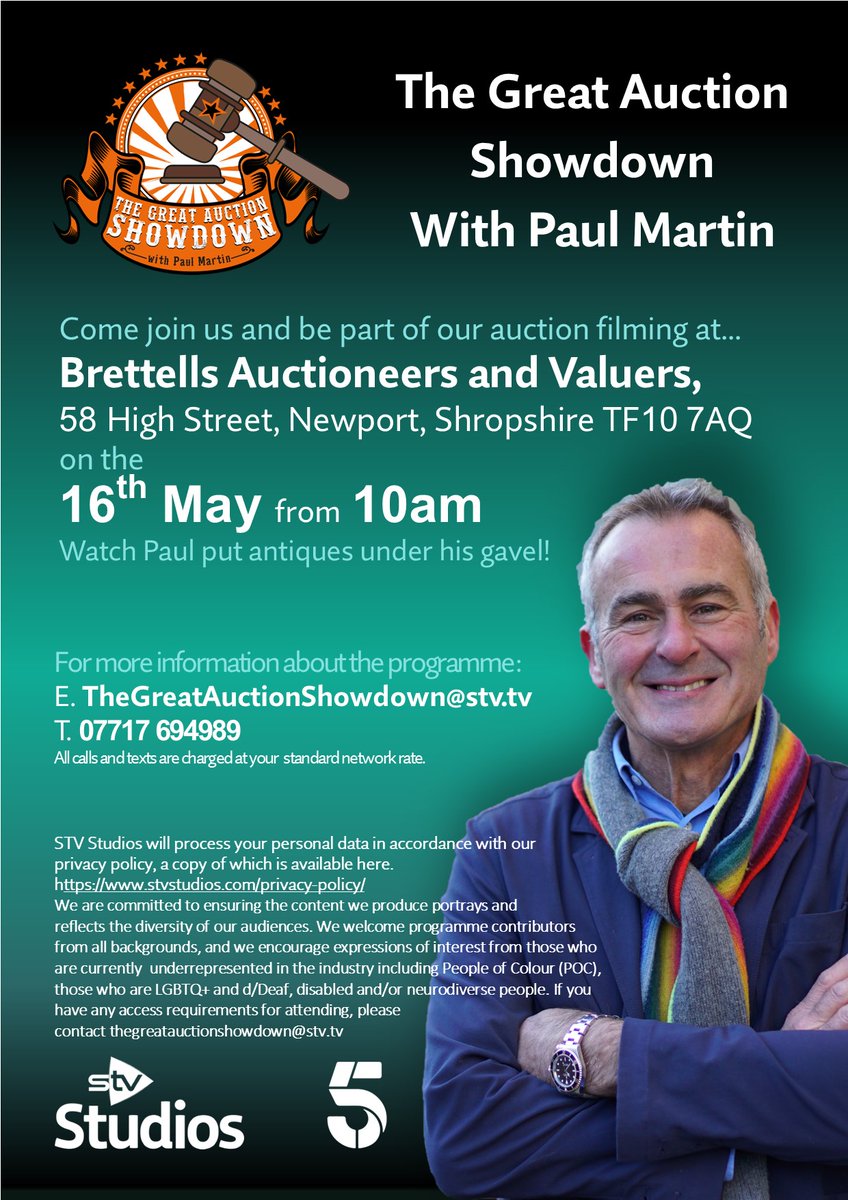 Come along to @Brettells_ on the 16th May from 10:00am and see how Paul's items get on at auction! Simply turn up on the day. For more information you can get in touch with the team. E. TheGreatAuctionShowdown@stv.tv T. 07717 694989