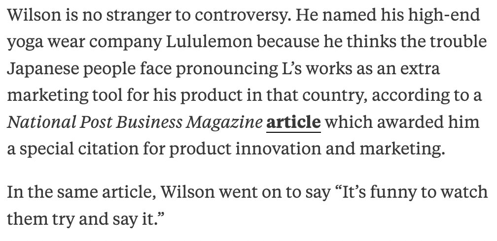 helloharuko's tweet photo. I just learned about the origins of @lululemon name and wow I'm never going to support this brand again. Super racist and I'm surprised it's not discussed more. https://t.co/e8f4MlPqxM
