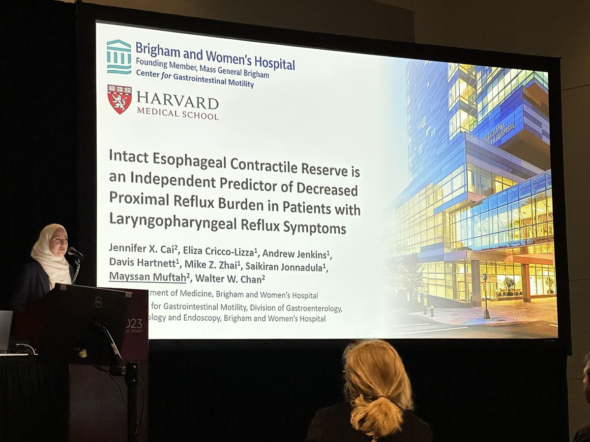 Excellent talk from @BrighamGI fellow @MayssanMuftah on multiple rapid swallows to evaluate #LPR: esophageal contractile reserve is associated with improved objective reflux metrics and may be a tool for further evaluation. #BWHmotility #DDW2023