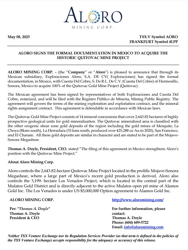 AloroMining's tweet photo. ALORO SIGNS THE FORMAL DOCUMENTATION IN MEXICO TO ACQUIRE THE HISTORIC QUITOVAC MINE PROJECT

https://t.co/Lzz2g03mYD

#Mexico #Quitovac #Gold #GoldExploration #Mining #GoldMine #TSXV $AORO.V https://t.co/H9qQN3zNG1