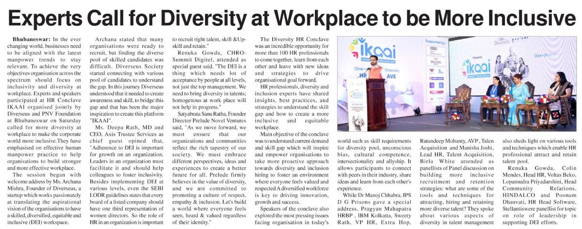 DiverseusS's tweet photo. "The word is out! IKAAI, Odisha's first-ever Diversity, Equity, and Inclusion (DEI) conclave is making headlines in the newspaper after a successful event on May 6th, 2023.
This groundbreaking conclave brought together individuals from diverse backgrounds and https://t.co/L42FAjx2gB