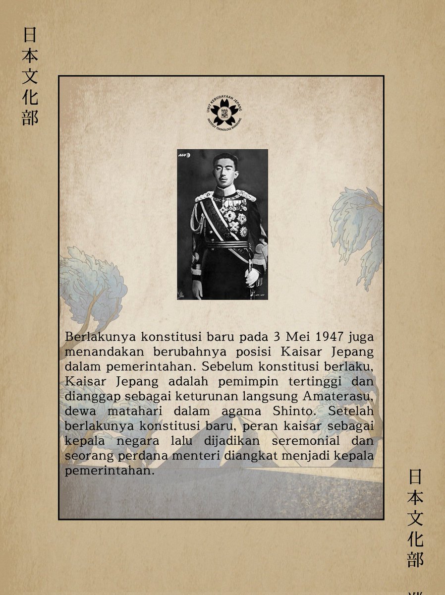 🎌 Kenpo Kinebi 🎌

Kenpo Kinenbi (Hari Kelahiran Konstitusi) adalah hari perayaan atas mulai dilaksanakannya konstitusi baru secara aktif di Jepang tertanggal 3 Mei 1947 pasca Perang Dunia II. Mau tau lebih dalam?? Cek aja di slide-slide berikutnya!!

#NGEBUD!!
#UKJ2022