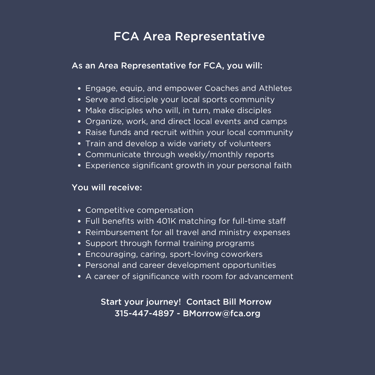 FCA ministry opportunities have outgrown our capacity!  FCA needs additional teammates to work in the Upper Susquehanna Valley.  How about you?  Is God calling you to a career of significance?