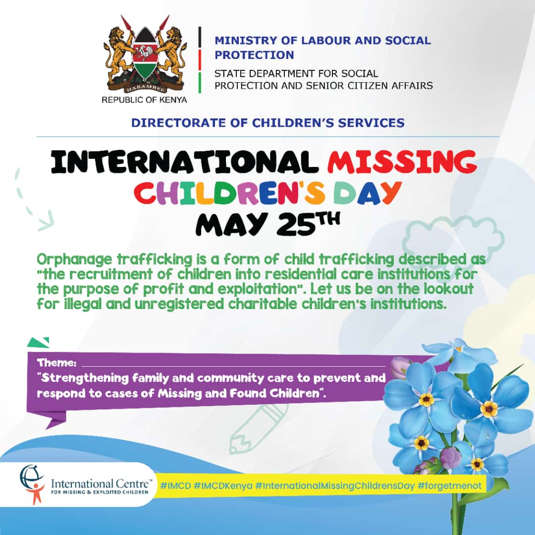 SP_Kenya's tweet photo. Have you heard about orphanage trafficking?

Recruitment and exploitation of children in orphanages is a crime.

#InternationalMissingchildrensday
#IMCDKenya https://t.co/pVFbLhWCGN