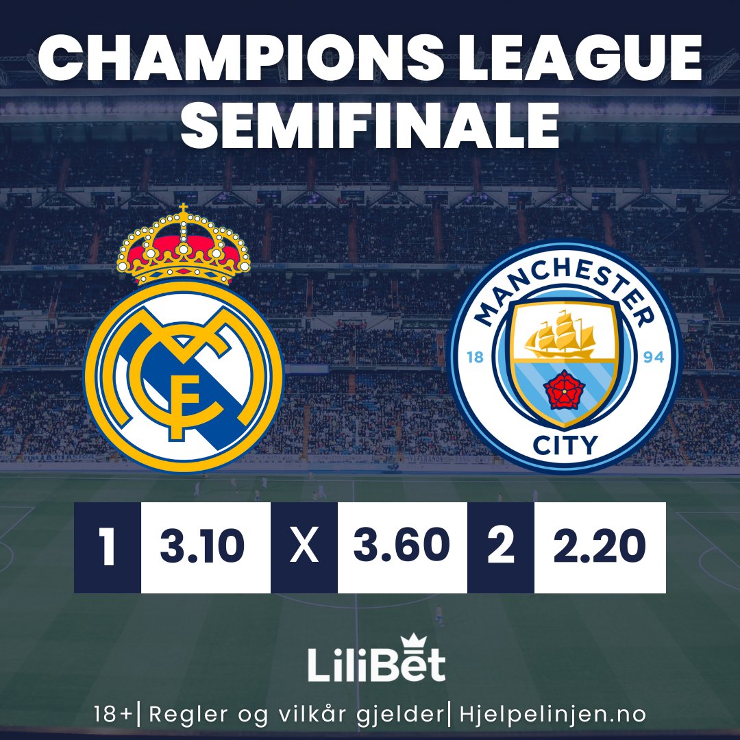 ⚪️𝗥𝗘𝗔𝗟 𝗠𝗔𝗗𝗥𝗜𝗗 🆚 𝗠𝗔𝗡 𝗖𝗜𝗧𝗬 🔵

💸 200kr cashbonus til èn riktig gjetter!⤵️

1️⃣ Tipp resultatet
2️⃣ Scorer Erling Haaland?🇳🇴
3️⃣ Trykk på "❤️" og Retweet
📲 Følg oss <a href="/LilibetNorge/">Lilibet Norge</a> 

Vinner blir kåret imorgen. #RMAMCI