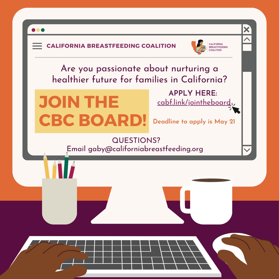 The California Breastfeeding Coalition is looking for dedicated individuals to join our Board of Directors. The deadline to apply is May 21 at 11:59 p.m. PT. Interviews begin May 30. cabf.link/jointheboard
#nonprofit #lactation #humanmilk