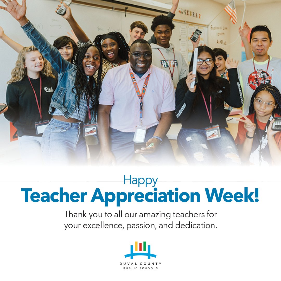 DuvalSchools's tweet photo. Happy Teacher Appreciation Week to the more than 7,000 teachers who comprise #TeamDuval! Thank you for your tireless efforts to ensure students thrive academically. 

Is there a teacher or Team Duval employee you want to highlight this week? Visit https://t.co/Rg3uDjQkHy. https://t.co/SHCq5hd8El
