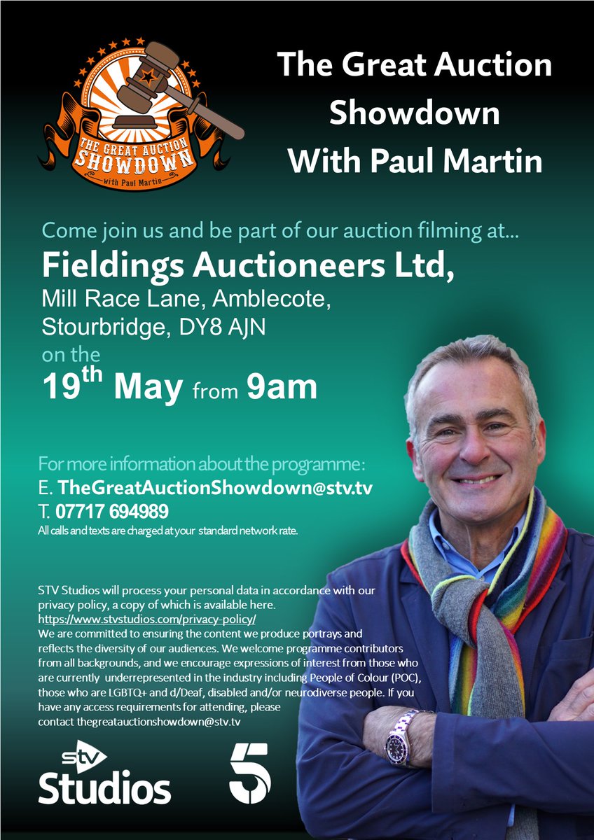 Come along to @Fieldings_Ltd on the 19th May from 9:00am and see how Paul's items get on at auction! Simply turn up on the day. For more information you can get in touch with the team. E. TheGreatAuctionShowdown@stv.tv T. 07717 694989