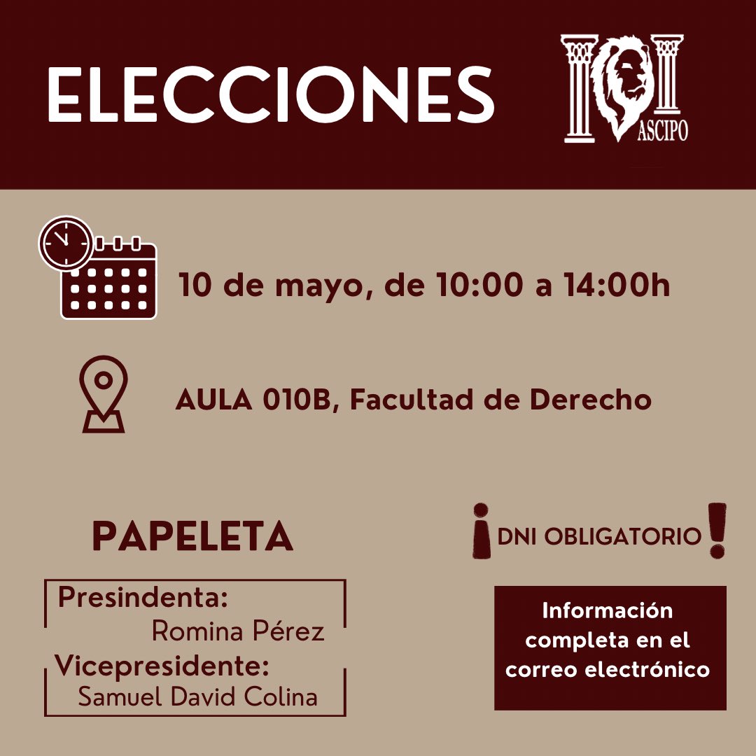 ascipo_usal's tweet photo. 🗳 Elecciones en ASCIPO
📆 10 de mayo
📍Lugar: Aula 010B, facultad de derecho
🕢Hora: 10:30 https://t.co/l0S5IwiYbA