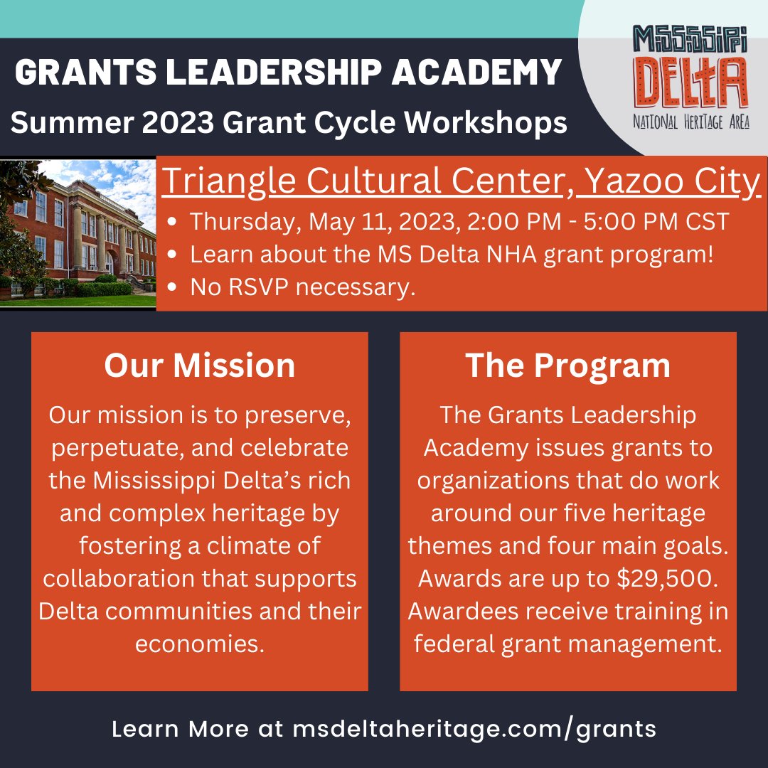 MSDeltaNHA's tweet photo. Join us in Yazoo City this Thursday, May 11 for our first grant cycle workshop!  

The MS Delta NHA Grants Leadership Academy application cycle will reopen on Thursday, June 1, 2023.  

Visit our grants page to learn more: https://t.co/xTnzzxVgIs https://t.co/bNqAy2sfj6