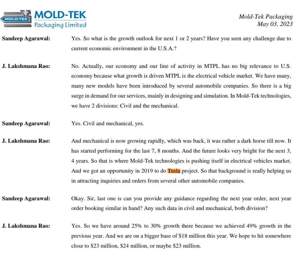 Harshitt93's tweet photo. Extract from #MoldTekPackaging Call, they talk about #MoldTekTechnologies
- FY24 Rev Guidance ~Rs 200 cr (30%+ YoY)
- 25% rev from EV related work (mech eng)
- Ref of BIW fix design for #Tesla's OEM in 2019, helping get similar work for other
Detailed Co Note in attached tweet https://t.co/36twtHxCL4