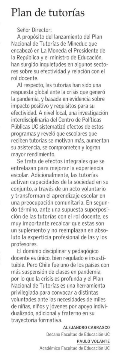Fac_EducacionUC's tweet photo. Sobre Plan Nacional de Tutorías, decano y académico #EducaciónUC @alejcarras y @paulovolante señalan en El Mercurio que "tutorías activan capacidades de la sociedad en su conjunto, a través de un acto voluntario y transforman aprendizaje escolar en una preocupación comunitaria”. https://t.co/gbmqO3Qnbu