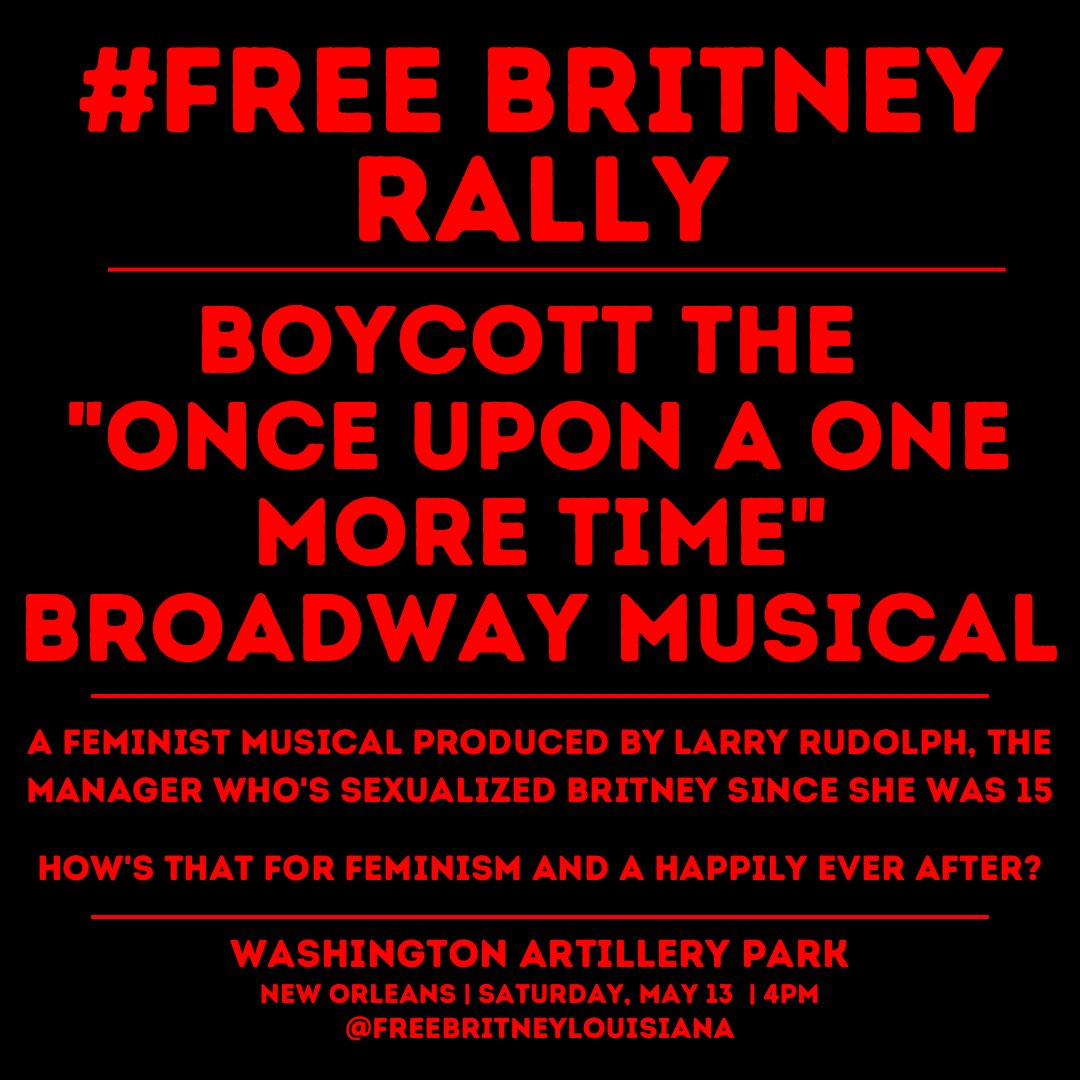 Join us this Saturday at 4! Do something for Britney ❤️

#FreeBritneyNYC - we need you!!

We need rallies!!

Let’s join together and demand Justice for Britney!

Please share across social media!!

#EndTheCarePlan #WhereIsBritney #BoycottOnceUponaOneMoreTime #OnceUponaOneMoreTime