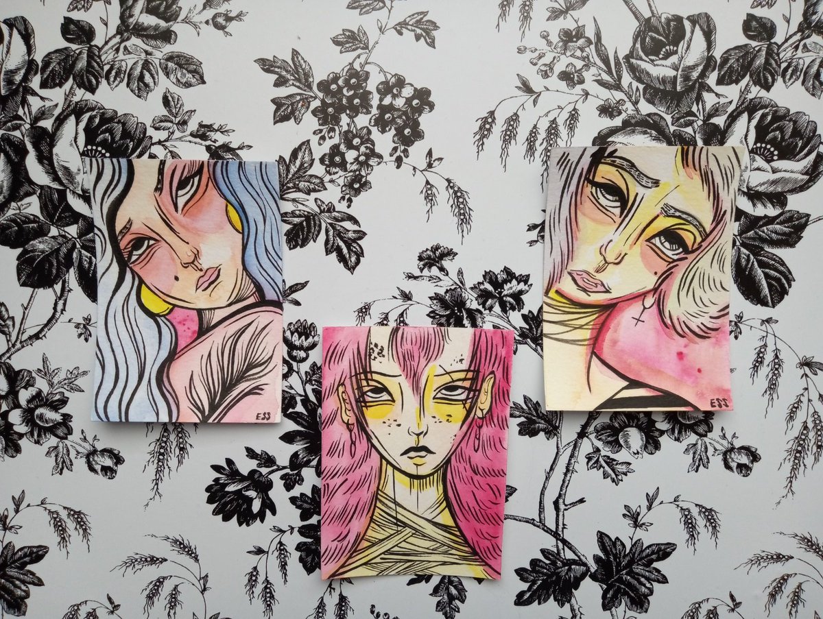 Some watercolor and ink ACEOs for your Monday. Enjoy! #originalartcards #ess22 #artofess22 #artcards #tinyartfortinyspaces #decorart #dormart #girlart #pastelcore #watercolor #inkart #artonpaper