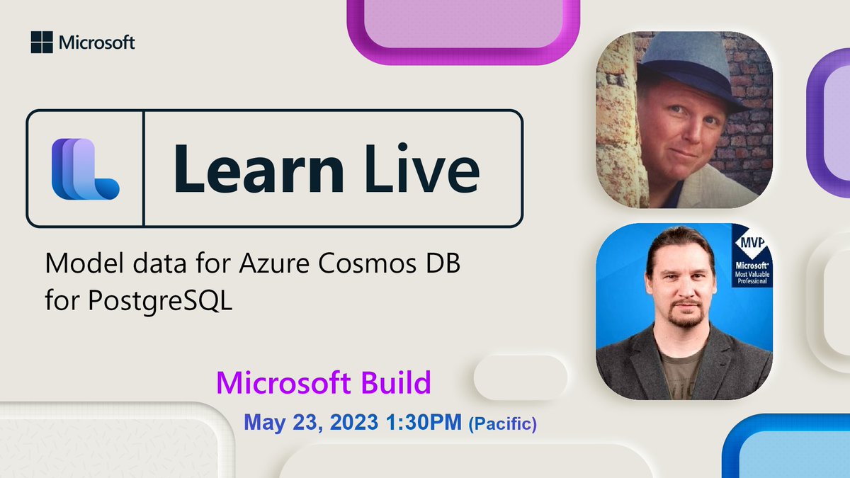 On Tuesday at 1:30PM (Pacific) we stream "Model data for Azure Cosmos DB for PostgreSQL" on #LearnLive aka.ms/LearnLive. More info aka.ms/learnlive-at-b… &amp; aka.ms/learnlive-at-b… with <a href="/GaryHope/">Gary Hope</a> &amp; <a href="/cderue/">CEDRIC DERUE</a>