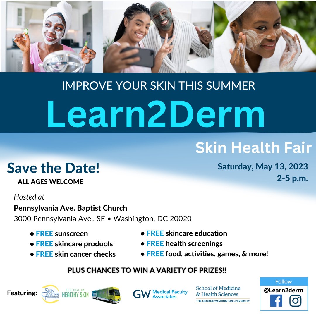 Come join #GWSMHS and #GWDocs for the #Learn2Derm Skin Cancer Prevention Fair on May 13! All ages welcome.