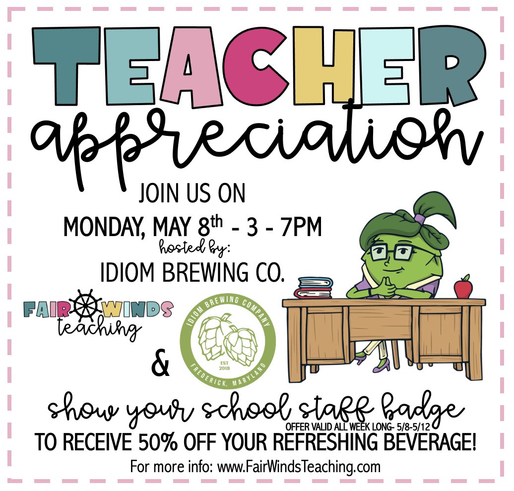 TODAY-Spread the word to your teacher friends, who get 50% off full pours all week with their ID badge! For non-teachers, there will be teacher appreciation gift packs for sale that are great for parents looking for end of the year gifts for your kiddo's teacher! <a href="/idiombrewingco/">idiombrewingco</a>