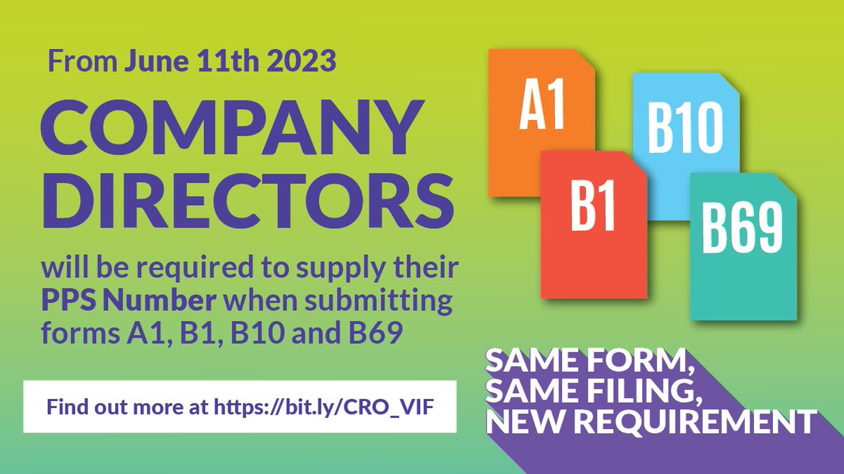 cro_ie's tweet image. New Date
Beginning on 11 June 2023, all CRO Annual Filings will require a company director's PPSN to be complete. More information is available at bit.ly/CRO_VIF