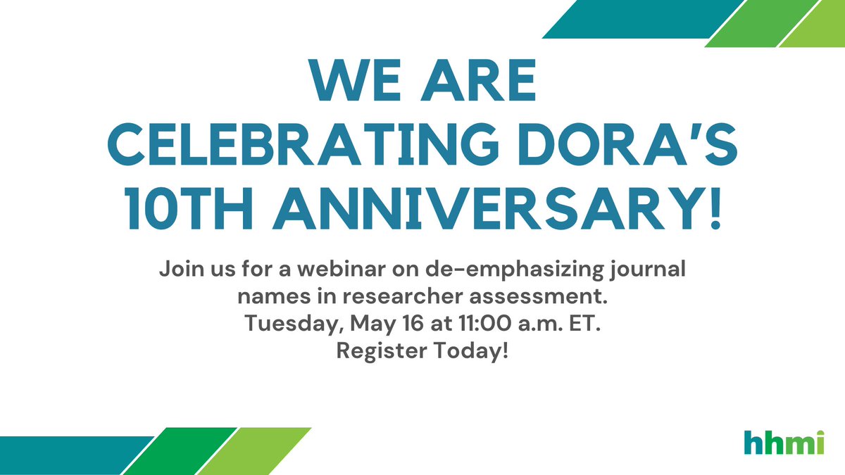 hhmi_science's tweet photo. We are celebrating @DORAssessment’s 10th anniversary! 

Join us for a webinar on de-emphasizing journal names in HHMI researcher assessment on Tuesday, May 16, at 11:00 a.m. ET. 

Register now! 🔗 https://t.co/c2Vj1IrvHw https://t.co/0CfYuV3DXV