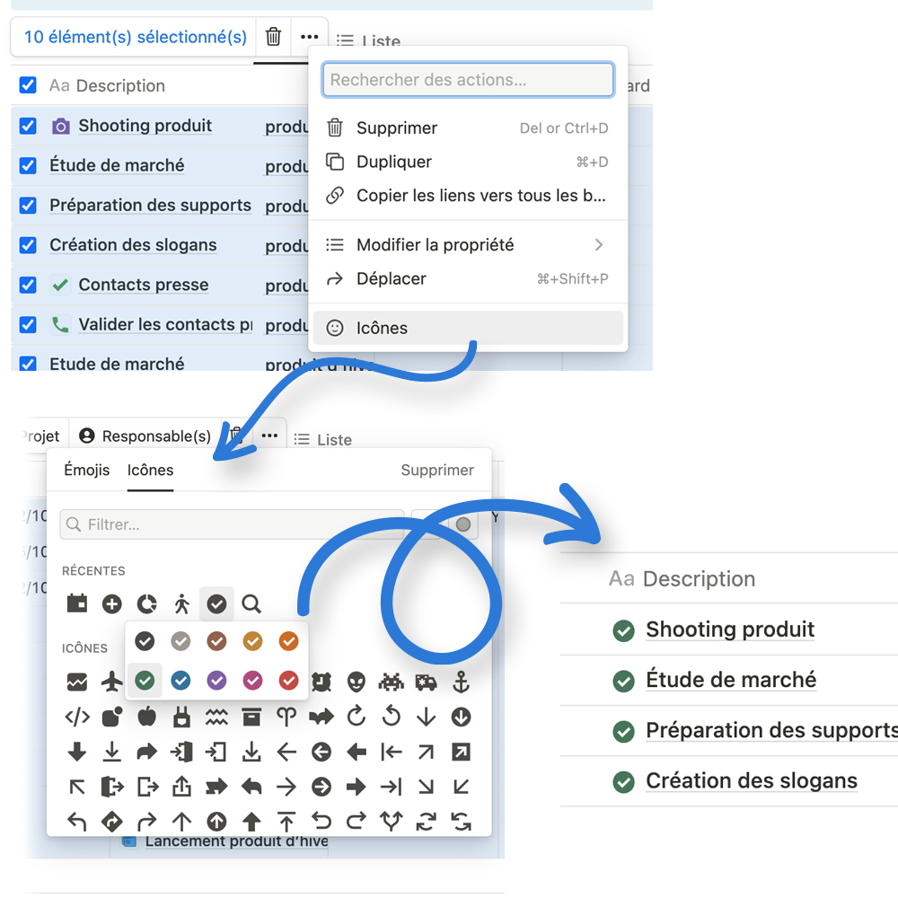 vincentgrattery's tweet image. Sais-tu que tu peux modifier tous les icônes de tes pages issues d’une base de données @NotionHQ en trois clics ? #NotionUpdate #notiontwt