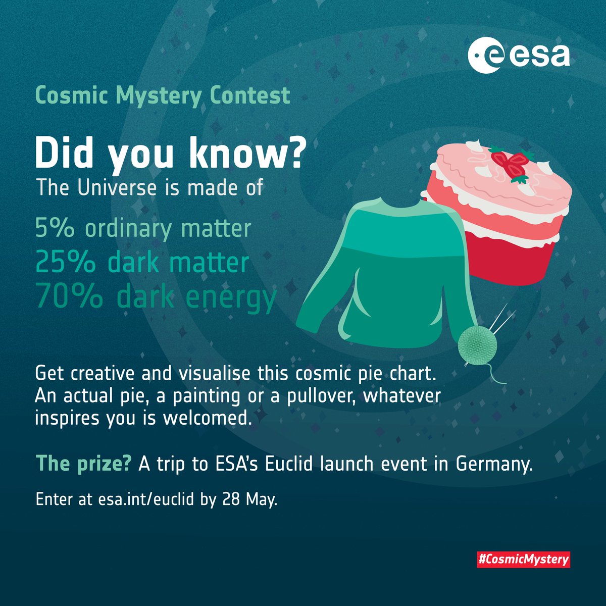 📢 #CosmicMystery Contest alert❗️ Get creative and help #DarkUniverse 🕵️ @ESA_Euclid visualise the components of the Universe and you might join us in Darmstadt, Germany, at mission control as #Euclid launches to space. Details at 👉 esa.int/Science_Explor…