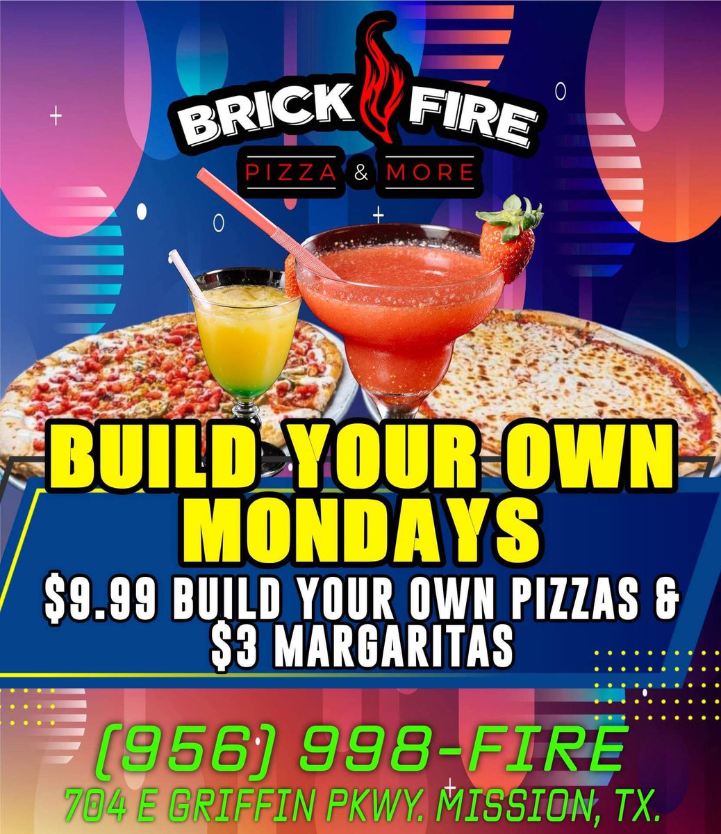brickfirergv's tweet photo. 9.99 unlimited topping pizzas $3 margaritas. All day every Monday. https://t.co/ckJokWVGDq