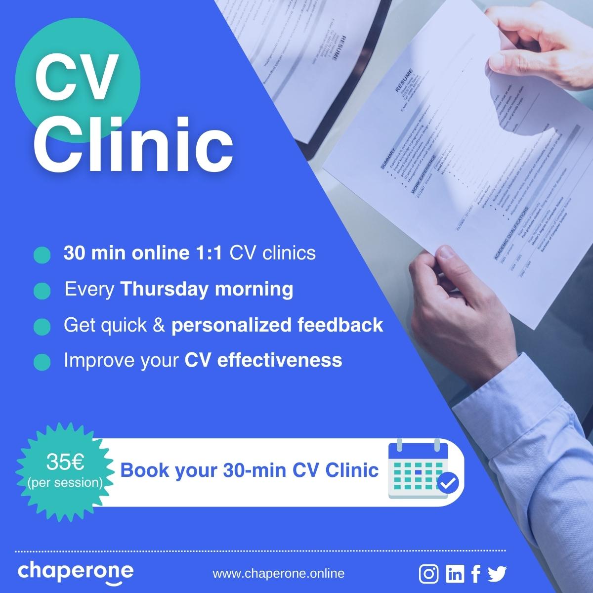 Get quick and personalized feedback on the effectiveness of your CV! 📄
✔️ Every Thursday morning, a member of our Team will be available for 30-min online individual sessions.
➡️ Book your session here (35 €/session):  calendly.com/chaperonecv/30…
#Chaperone4Scientists
#cv #job