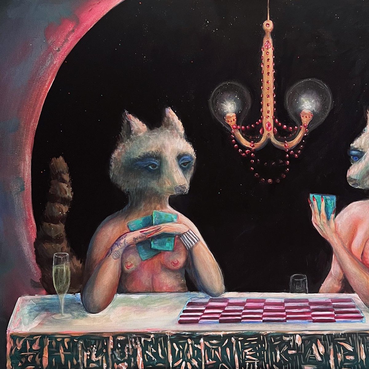 HOUSEOFCONSENT's tweet photo. My latest painting: “My Turn” 
x @LUCINE_art 

ft. Raccoons reading cards around an empty chess board, sipping some bubbly under an IUD chandelier covered in rubies 🥂♟️ 

Acrylic on Canvas | 24” x 48” | 💎 https://t.co/QojJMHQTd7