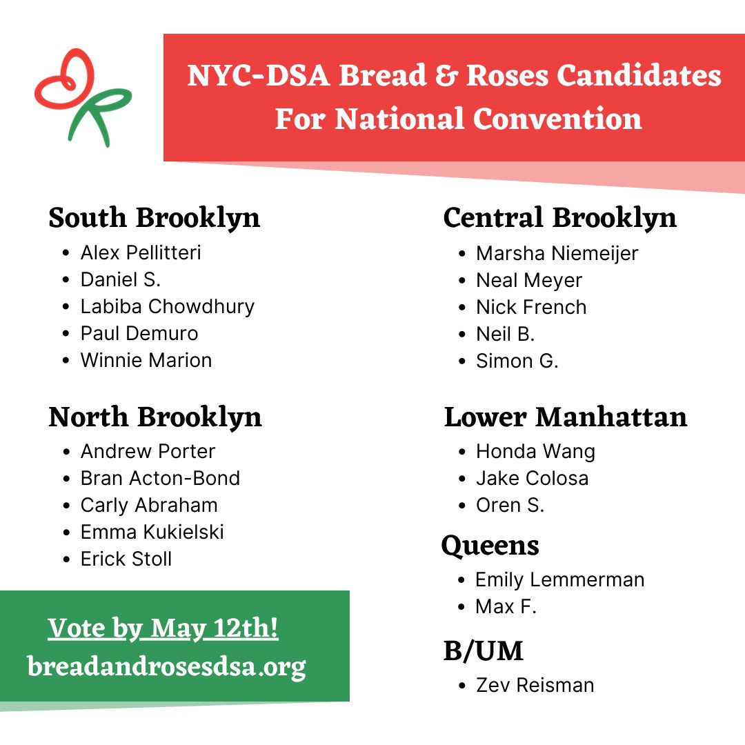 I’m running for convention delegate with these fantastic Marxist organizers! Our platform: breadandrosesdsa.org/where-we-stand/

In DSA, I’ve 

🌹Managed a campaign
🌹Started a YDSA chapter 
🌹Served at every level of NYC-DSA leadership 
🌹Helped lead the ND4C campaign 

Pls rank me high!