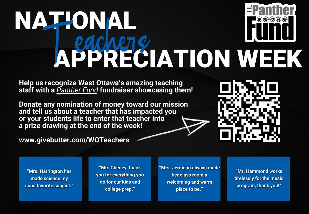 We appreciate and celebrate our Teachers every day, but the official National Teachers Appreciation Week is May 8-12. To kick off our week of coverage, please join <a href="/FundPanther/">ThePantherFund</a> in their fundraiser on behalf of our teachers! 

givebutter.com/WOTeachers 

#GoWO 
#WeareOne