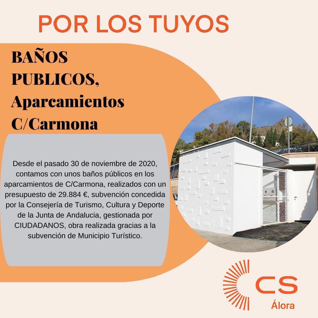 Cs_Alora's tweet photo. BAÑOS PÚBLICOS 
Gracias al reconocimiento de Álora como Municipio Turístico, se han podido construir los Aseos que se ubican en los aparcamientos de Calle Carmona, con una subvención concedida por la Consejería de Turismo de la Junta de Andalucía, gestionada por CIUDADANOS. https://t.co/VB2wC4srY8
