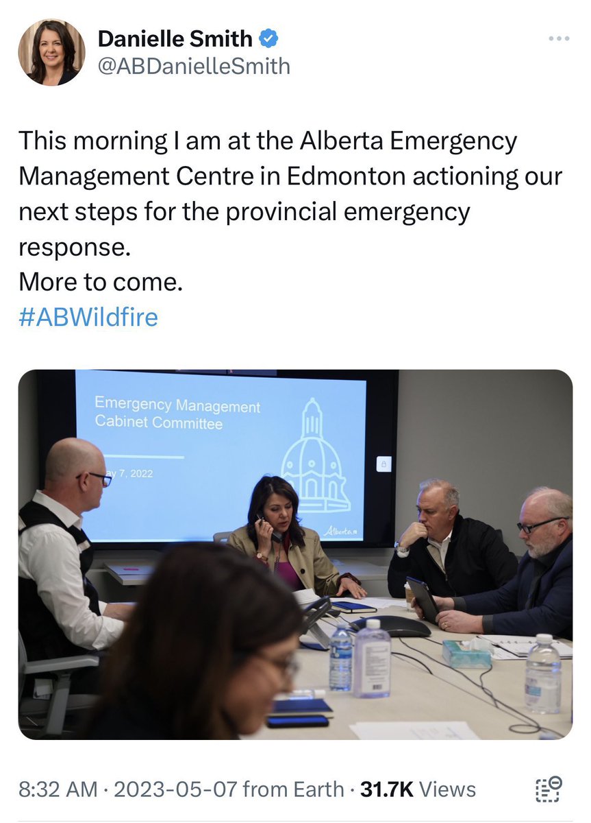 In an effort to prove she’s doing something to address the #ABWildfires, Alberta Premier Danielle Smith posted this tweet claiming to be at the Alberta Emergency Management Centre in #Edmonton. 

The date of the meeting in the photo is May 7, 2022.

#ABFires #ABWildfire #abpoli