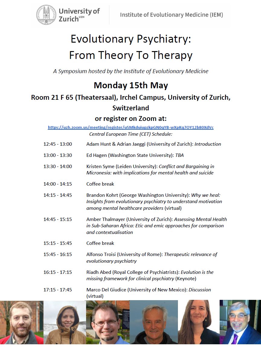 Titles are rolling in with just one week to go! Sign up now to join our symposium on evolutionary psychiatry next Monday! @ed_hagen @kristensyme @RiadhAbed1 @Klipfor_UZH @PsychZurich @evmed_ch @ISEMPH @EHBEA1 @HumBehEvoSoc @TriCEM_NC @evanthsociety