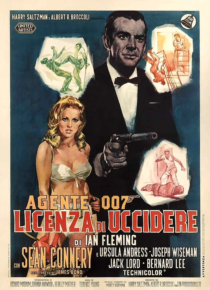 Italian cinema poster for the #JamesBond film #DrNo (1962 - Dir. #TerenceYoung) with #SeanConnery #UrsulaAndress #JosephWiseman