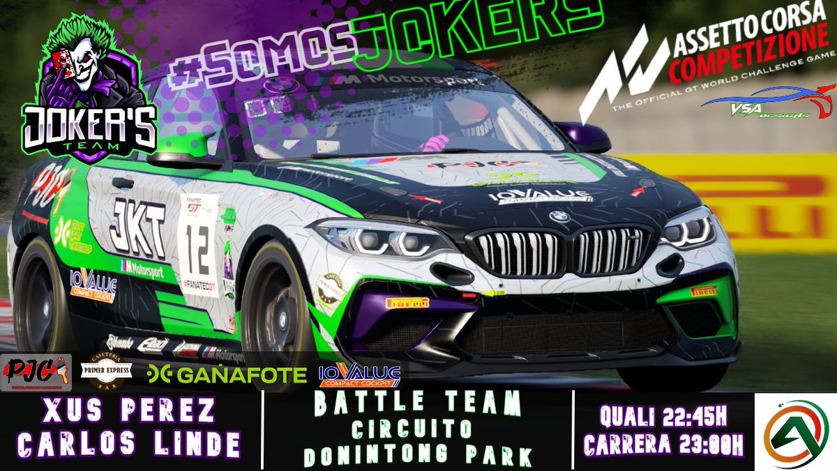 Jokers_eTeam's tweet photo. #Raceday #beAcc
(🇬🇧) Nuevo reto para nuestros pilotos. El nuevo campeonato #battleteam organizado por @AERO_esp nos espera ‼️
(🖌️) Design by @Tudor_vm
(👥) #XusPerez y #CarlosLinde al volante de @BMWMotorsport #M2cup
(📺) 💪https://t.co/bIW6k39SCw
Let´s Go Jokers 😈💚💜 https://t.co/qi3JyTqCVw