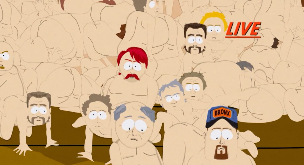 Cap. 8x06 de South Park: Aparecen personas del futuro en el pueblo a través de un portal y le roba el trabajo a la gente del pueblo porque lo hacen por mucho menos dinero. Todos deciden hacerse gays y follan entre ellos para que no haya niños en el futuro que les roben el empleo