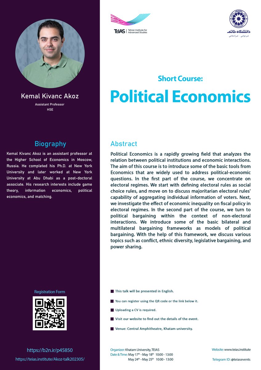 TEIAS is holding in-person short courses!

"Political Economics"

Presented by Kemal Kivanc Akoz

May 17th-25th

Register now: teias.institute/Akoz-talk20230…

#TEIAS_Short_Courses   #Economics