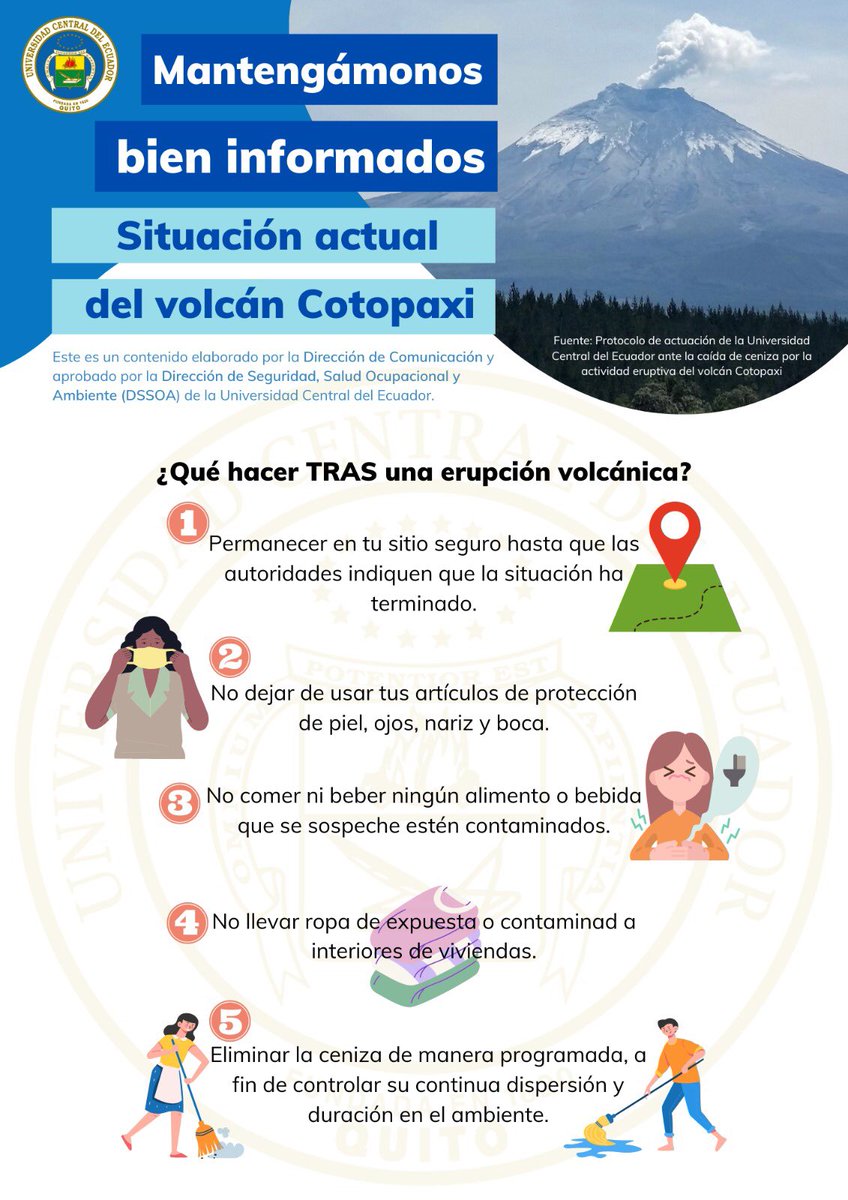 #YoMeCuido 🗻|

Comunidad centralina:

Mantenernos bien informados es el primer para proteger nuestra salud ante las eventuales caídas de ceniza ocasionadas por la actividad eruptiva del volcán Cotopaxi.

En este infográfico, te acercamos un  CHECK LIST 🗒 sobre qué debemos hacer