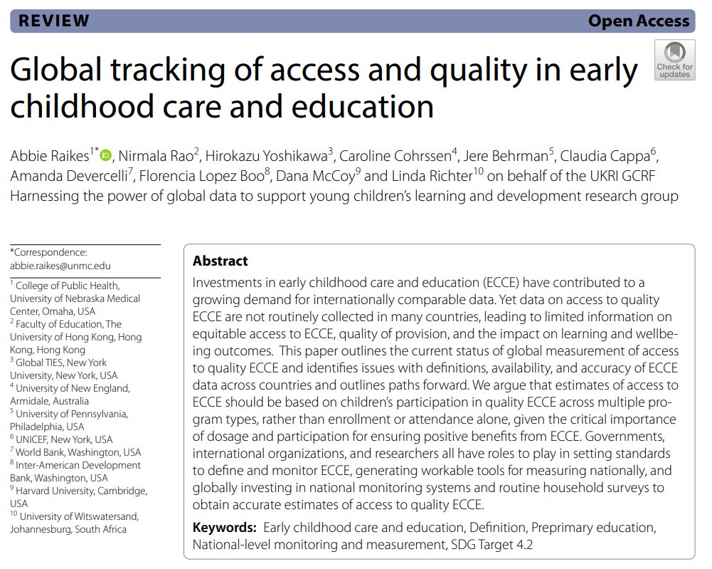 DaveEvansPhD's tweet photo. "Estimates of access to ECCE [early childhood care &amp; education] should be based on children’s participation in quality ECCE ... rather than enrollment or attendance alone, given the ... importance of dosage &amp; participation for ensuring positive benefits." https://t.co/B3KSAtW0jn https://t.co/M3JpunKCNR