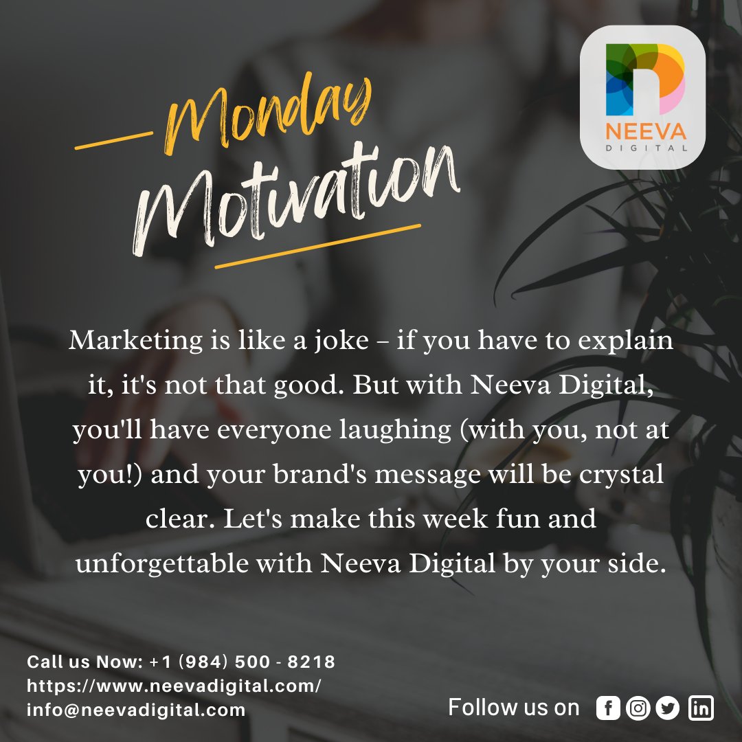 Marketing is like a joke – your brand's message will be crystal clear. Delivering the punchline to captivate your audience.

Visit Us: neevadigital.com
Call Us: +1 984 500 8218

#MarketingIsAJoke #BrandMessaging #CrystalClearMessaging #PunchlineMarketing #BrandHumor