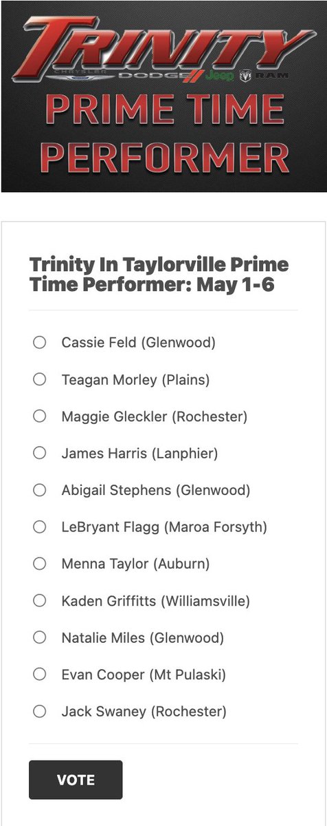 A big week for track and field plus conference title clinching games on Trinity In Taylorville's Prime Time Performer!

You can vote every 12 hours on the site until Friday at 5pm:
channel1450.com/2023/05/08/tri…