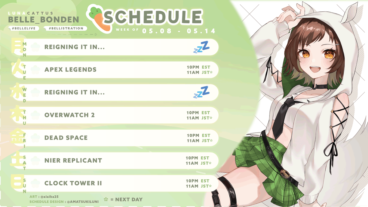Belle_bondEN's tweet photo. π» WEEKLY SCHEDULE 5.8 - 5.14 π»
TAGS
ART: #bellistration
NSFW: #bellussy
LIVE: #bellelive
PET PICS: #bellezoo
LINKS
YT: https://t.co/wLbR8RgQwE
THRONE: https://t.co/a9R4kLMvHW
MARSHMALLOW: https://t.co/qrLocWfG9S https://t.co/om5Gm2ZsF6
